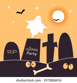  Halloween party card template. Abstract helloween scary ghost and graves in the cemetery for greeting card design, party invitation, menu, poster etc. Vector illustration