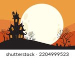 Halloween party card template - spooky castle, dead trees, full moon with orange background vector illustration