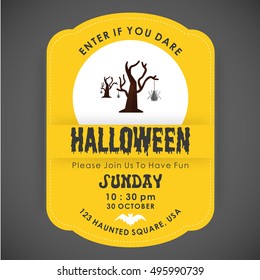 Halloween Party Card template. Yellow background with typography and place for icon. Tree with spider icon