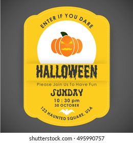 Halloween Party Card template. Yellow background with typography and place for icon. Scary face pumpkin icon