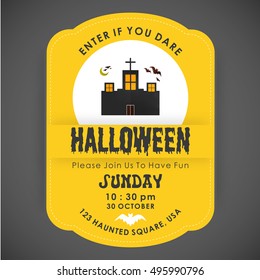Halloween Party Card template. Yellow background with typography and place for icon. Halloween house icon