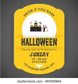 Halloween Party Card template. Yellow background with typography and place for icon. Halloween house icon