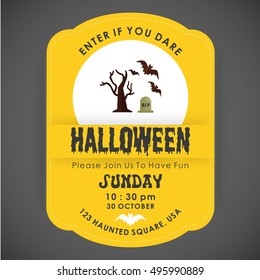 Halloween Party Card template. Yellow background with typography and place for icon. Tree in grave yard with bats flying icon