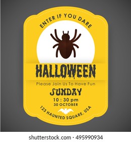 Halloween Party Card template. Yellow background with typography and place for icon. Spider icon