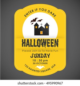 Halloween Party Card template. Yellow background with typography and place for icon. halloween house with bats flying icon