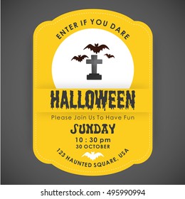 Halloween Party Card template. Yellow background with typography and place for icon. Grave cross and bats icon
