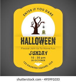 Halloween Party Card template. Yellow background with typography and place for icon. hanging spider with tree icon