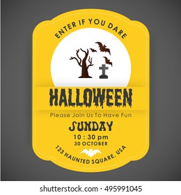 Halloween Party Card template. Yellow background with typography and place for icon. Old tree in graveyard with bats flying icon