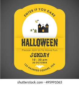 Halloween Party Card template. Yellow background with typography and place for icon. halloween house with bats flying icon