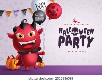 Diseño de Vector de tarjeta de fiesta de Halloween. Texto de saludo de fiesta de bienvenida con monstruos demoníacos de miedo lindo personaje sosteniendo globos Elementos para el fondo de truco o trato. Horror de vacaciones de Ilustración vectorial 