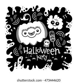 Halloween party card. Vector image of a funny pumpkin, a ghost, candy, bat and spiders. 