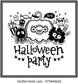 Halloween party card. Halloween party card. Vector image of a funny pumpkin, a ghost, candy, bat.  