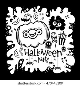 Halloween party card. Vector image of a funny pumpkin, a ghost, candy, bat and spiders. 