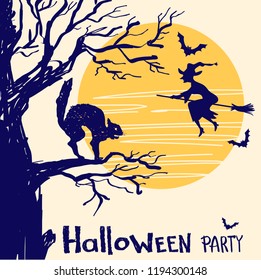 Halloween party card with witch and big night moon. Vector hand drawn illustration with text