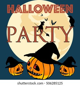 Halloween Party card.Full moon design with pumpkins. Universal Invitation card for Full moon party.
