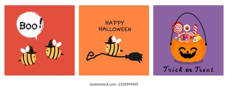 Cartões de festa de Halloween com desenhos animados de abelha, vassoura, fantasma de abóbora, doces e mão escritas fontes em vermelho, laranja e vetor fundos roxo.