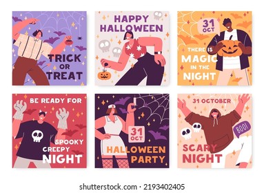 Halloween Party Cards Designs. Helloween Holiday Square Flyers Backgrounds. Promo Templates Set For Creepy Scary October Carnival Night Celebration With Happy People. Colored Flat Vector