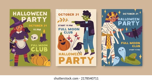 Halloween party cards designs set. Promo banners, ad flyers templates for kids holiday. Event promotions with disguised children in witch, zombie costumes. Colored flat graphic vector illustrations