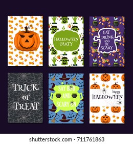Halloween party cards pumpkin ghost holiday collection vector illustration.