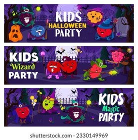 Halloween party, cartoon berry wizards and mages at cemetery. Vector horizontal banners with gooseberry, blueberry and barberry, cherry, raspberry, cloudberry and blackberry funny warlock characters