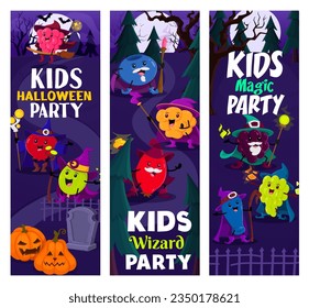 Halloween party, cartoon berry wizards and mages at cemetery. Vector vertical banners with grapes, blueberry and honeyberry, cloudberry, cranberry, raspberry, rosehip and blackberry warlock characters