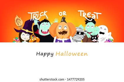 Halloween party, cartoon character with cute pumpkin lantern, celebration poster, invitation card, background vector illustration