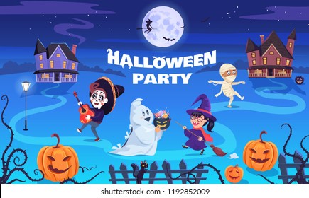 Halloween party cartoon children in the funny costumes celebration