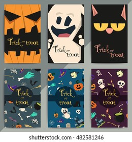 Halloween party cartoon greeting cards. All hallow eve invitation flyer design. All saints holiday background for stickers, posters, wallpapers, layouts, etc. Hand drawn vector illustration.