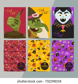 Halloween party cartoon greeting cards. All hallow eve invitation flyer design. All saints holiday background for stickers, posters, wallpapers, layouts, etc. Hand drawn vector illustration.