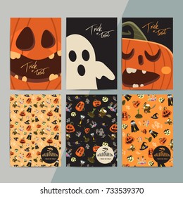 Halloween party cartoon greeting cards. All hallow eve invitation flyer design. All saints holiday background for stickers, posters, wallpapers, layouts, etc. Hand drawn vector illustration.