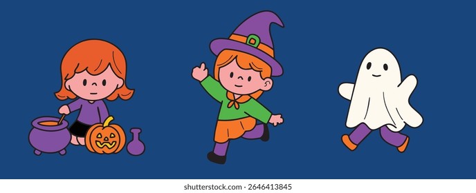 Halloween party cartoon, kids having fun on Halloween, hand drawn illustration, vector