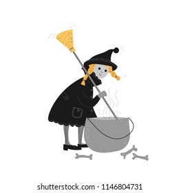 Halloween  party cartoon, Little  witch  makes  a  potion.