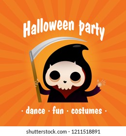 Halloween party with cartoon skeleton orange invitation. Creative lettering with skeleton on orange background. Can be used for invitations, postcards, banners