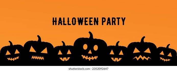 Halloween Party, carved pumpkins bottom line, black and orange panoramic vector invitation card