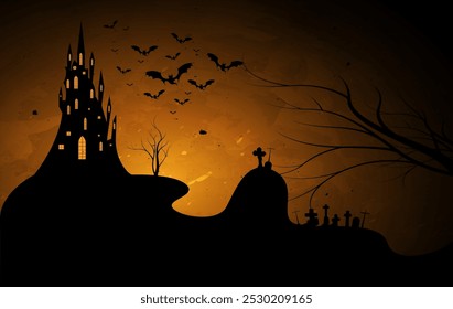 Festa de Halloween, castelo e cemitério, fundo noite escura com morcegos e nevoeiro, ilustração vetorial. Modelo de panfleto de convite de festa assustadora com símbolos de horror