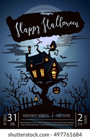 Halloween party castle in mystic spooky forest at night. Halloween castle on tree of full moon. Halloween poster.