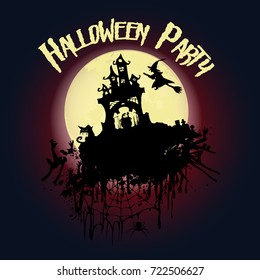 Halloween party. Castle, a witch on a broomstick, creepy trees and a full moon. Halloween poster. Vector illustration.