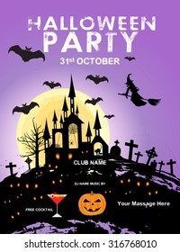 Halloween Party with castle witch pumpkins Bats Spider on Grunge Cemetery
