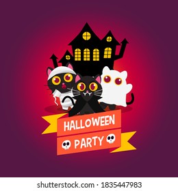 Halloween Party Cat Poster Illustration With Ribbon Flat Design Vector