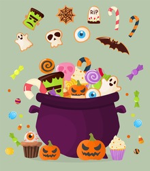 Halloween Party Cauldron Colorful Sweets Cupcakes Lollipops Jelly Beans Cookies Cake Candies Vector Illustration.