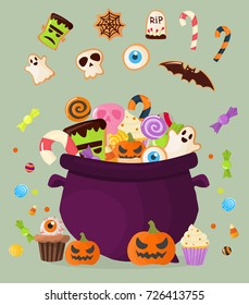 Halloween party cauldron colorful sweets cupcakes lollipops jelly beans cookies cake candies vector illustration.