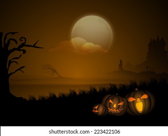 Halloween party celebration concept with jack o lantern on scary night view background.