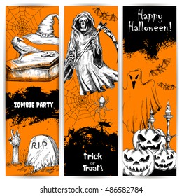 Halloween Party celebration orange posters and banners. Line sketched spooky smile pumpkin, sinister death reaper, zombie hand, cemetery tomb. Horror comic retro style decoration design elements