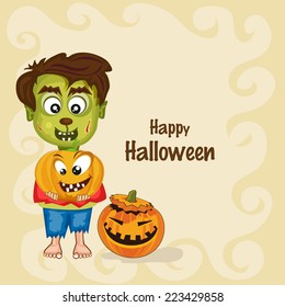 Halloween party celebration poster, flyer or background with spooky man holding pumpkin on stylish background.