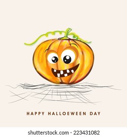 Halloween party celebration with scary smiling pumpkin on stylish beige background.