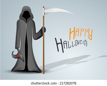 Halloween party celebration with scary vampire and stylish text of Halloween on shiny grey background. 