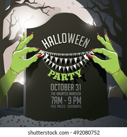 Halloween Party Cemetery background with tombstones and zombie hands. EPS 10 vector.