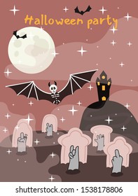 Halloween party in the cemetery with bats and zombies