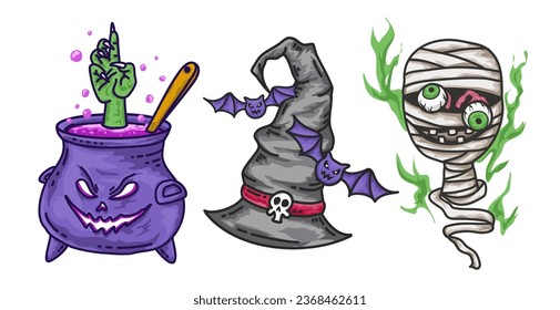 halloween party character and elements cartoon vector illustration pumpkin, ghost, cat, bat, Spooky icons