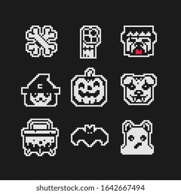 Halloween party character head set. Mystical creatures, greeting card or invitation design elements, design for mosaic, mobile app, web, logo. Isolated pixel art vector illustration. Game assets 1-bit